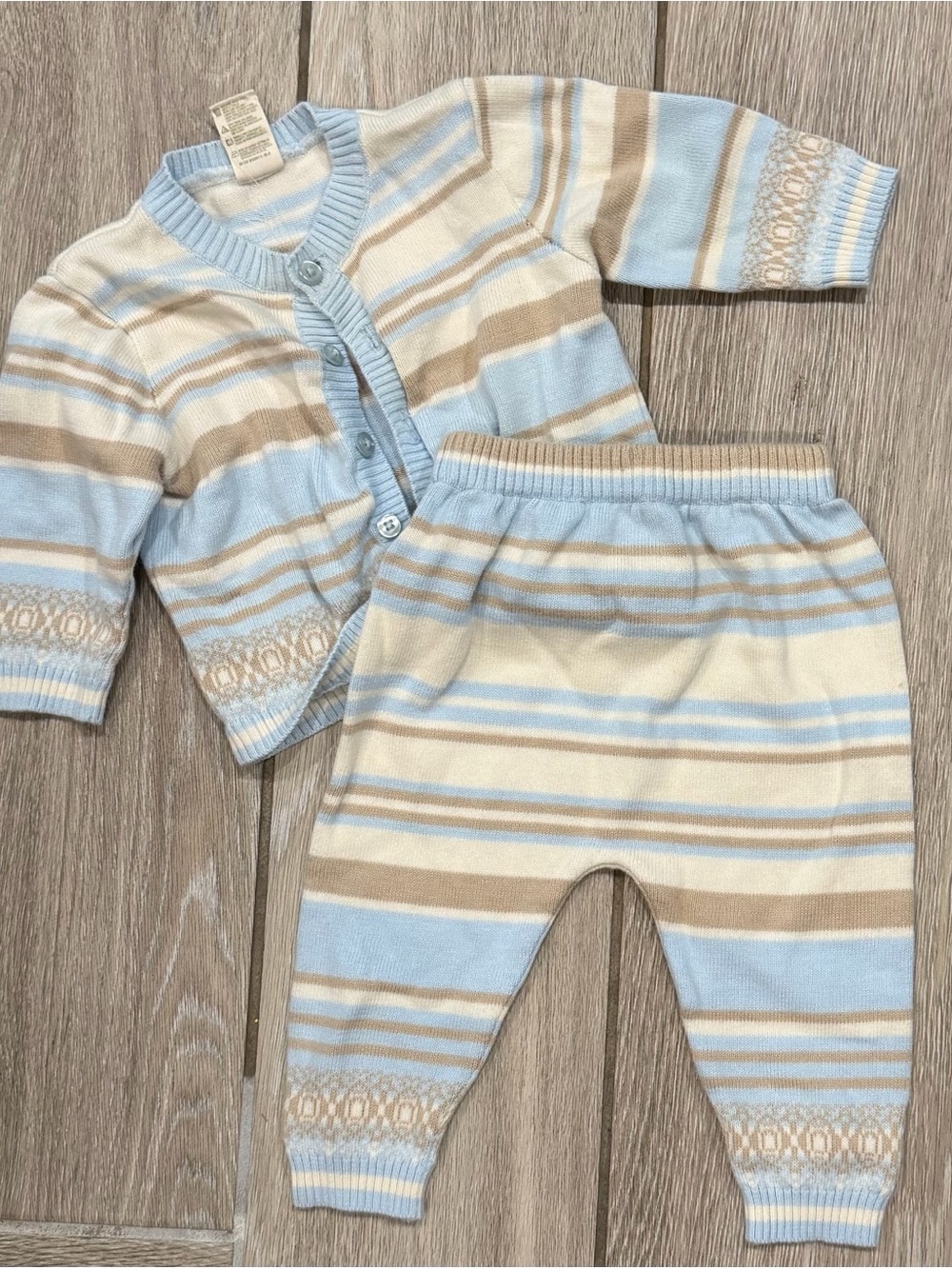 Baby Two-Piece 100%Cotton Cardigan & Pants Set - Light Blue/Cream/Tan